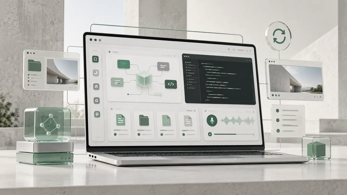 Sandbox concept illustration: a shared computer with files, terminal and connected agent tools in a glass enclosure